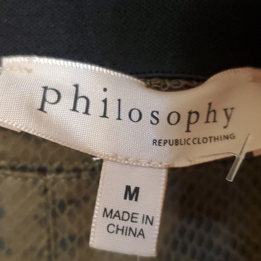 Philosophy olive brown faux leather snakeskin print leggings NWT